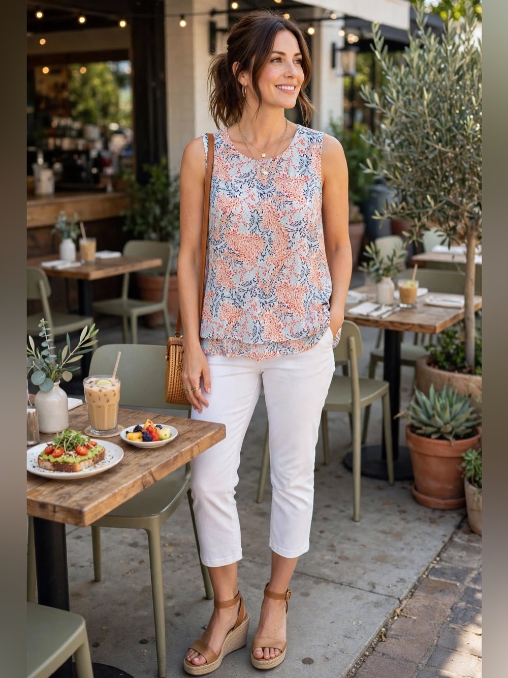 Fever Coral, Navy & White Sleeveless Printed Blouse